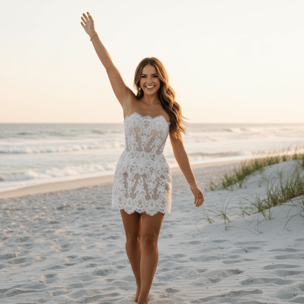 White Strapless Lace Mini Wedding Dress