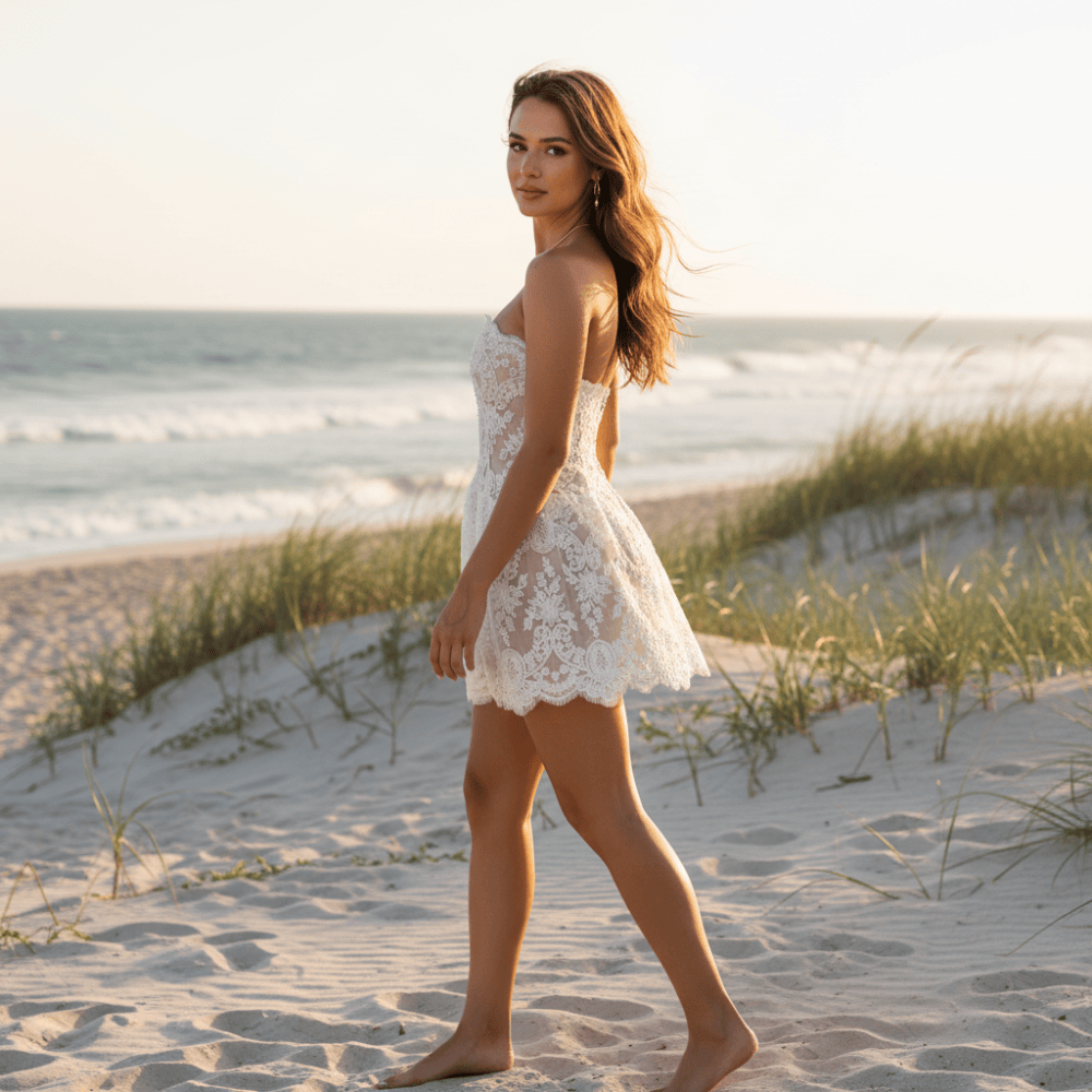 White Strapless Lace Mini Wedding Dress