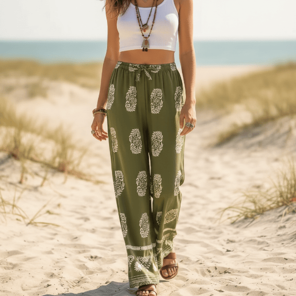 Boho Olive Meadow Wide Leg Palazzo Pants
