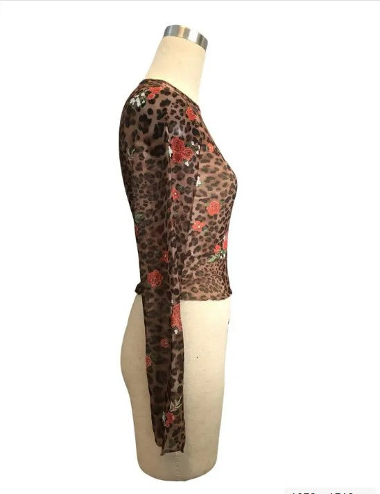 cropped mesh floral leopard top - Sheer Crop