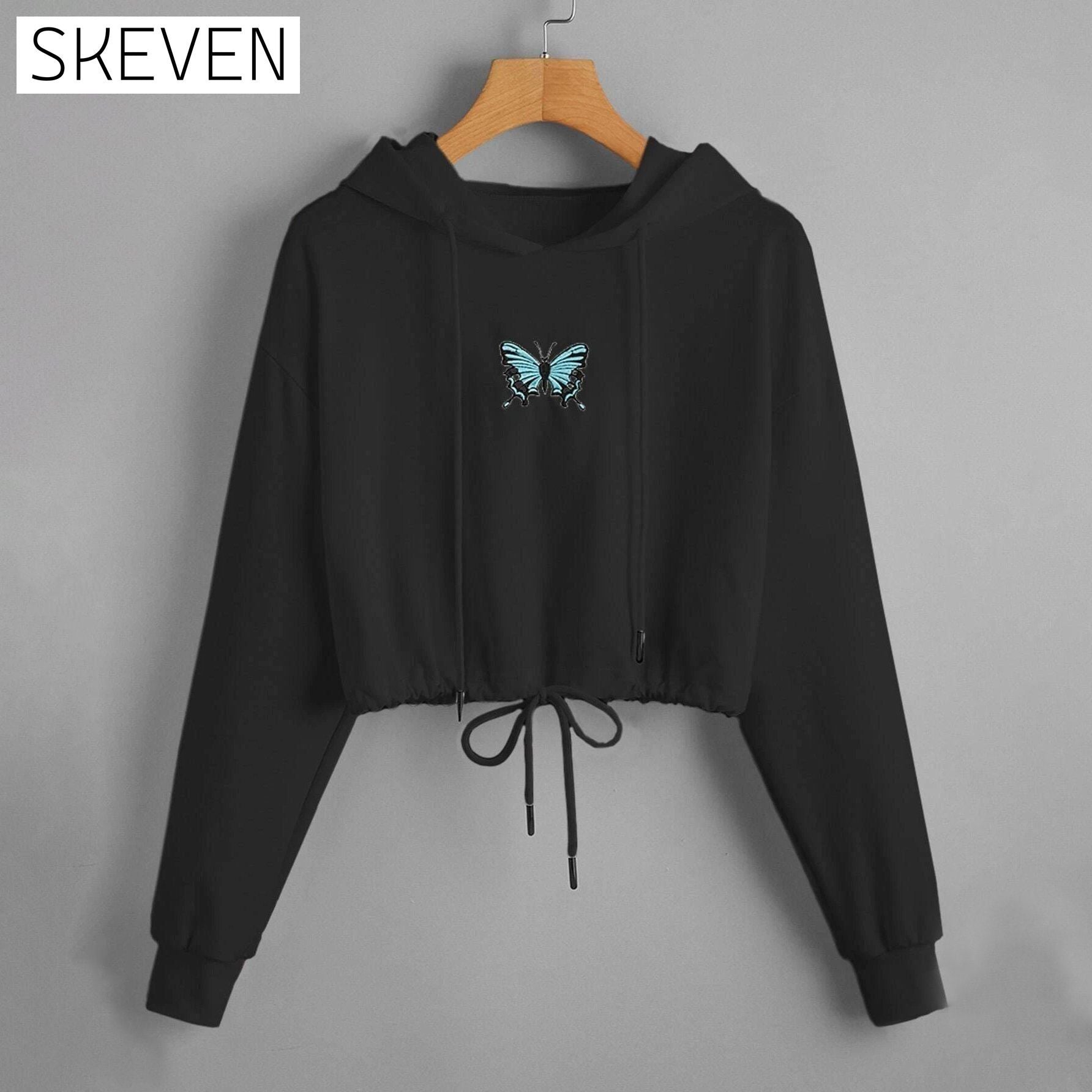 Butterfly Print Drawstring Hem Hoodie Black __stock:500 clothes refund_fee:800 tops