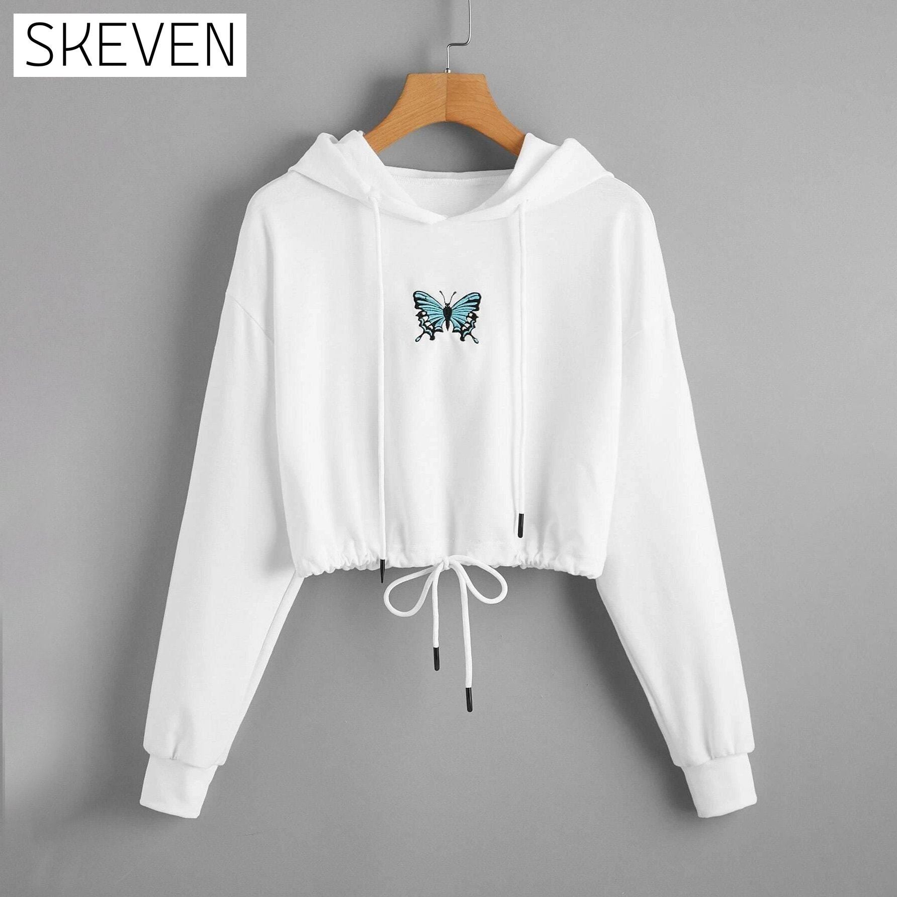 Butterfly Print Drawstring Hem Hoodie White __stock:500 clothes refund_fee:800 tops