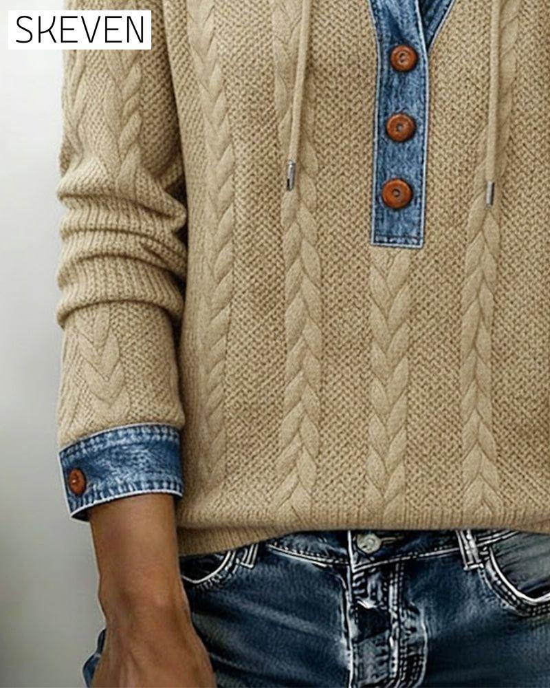 Color-Blocked Button Long-Sleeved Hooded
