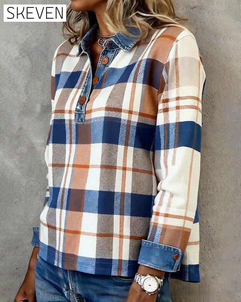 Lässige Jeansbluse mit Patchwork-Karomuster