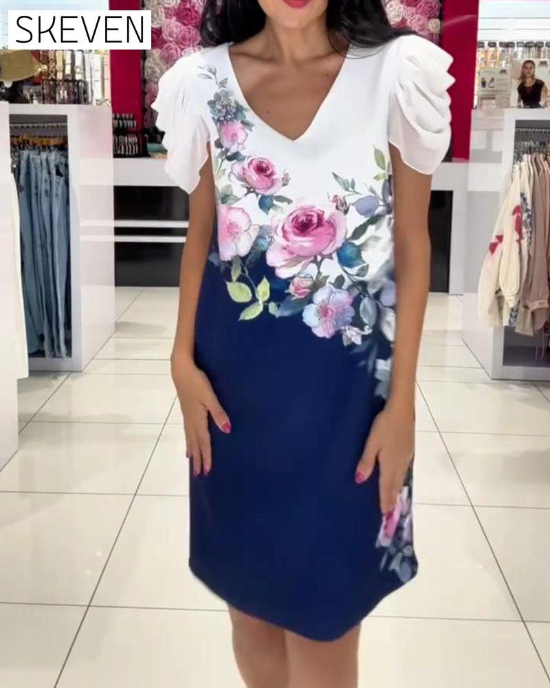 Kleid mit Puffärmeln, V-Ausschnitt und Rosenmuster