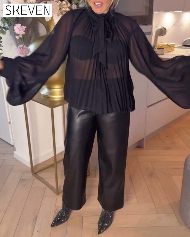 Solid Color Batwing Sleeve Ribbon Blouse