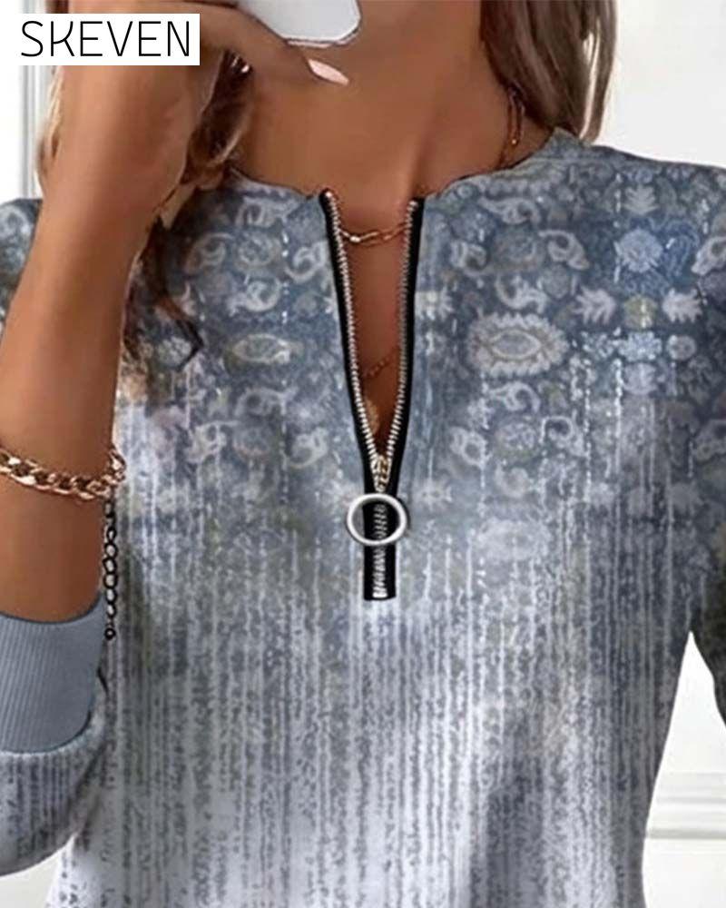 Zipper Retro Printed Sweatshirt