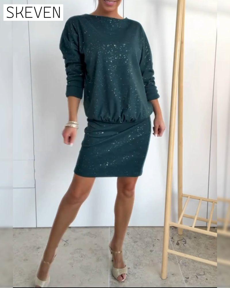 Robe de mode à col rond et fines paillettes