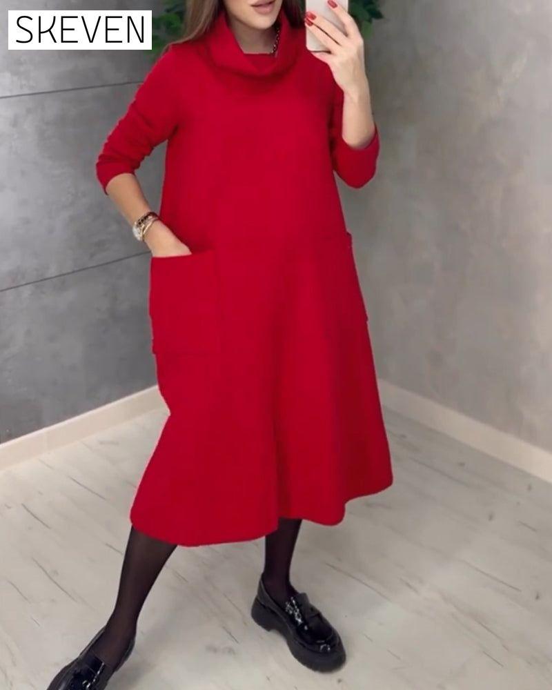 Solid color turtleneck pocket dress