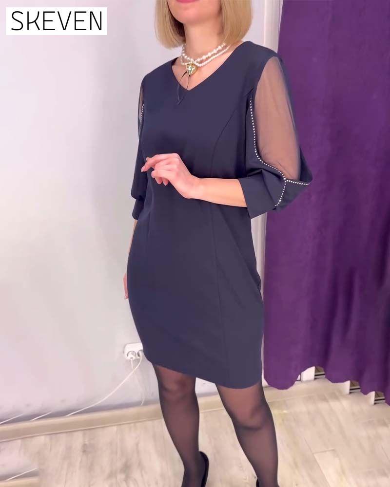 Half-sleeved V-neck Rhinestone Stitching Dress