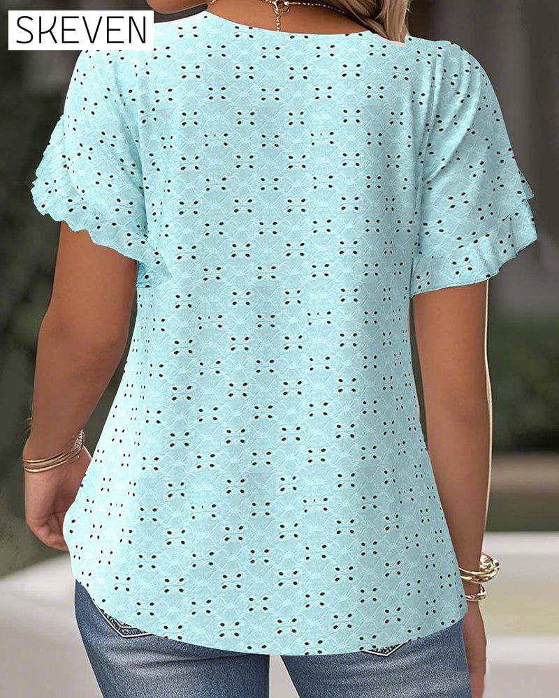 Ruffled Short Sleeve Hollow T-Shirt