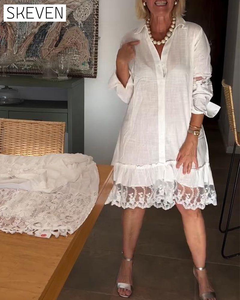 Lace-Trimmed Collared Shirt Dress