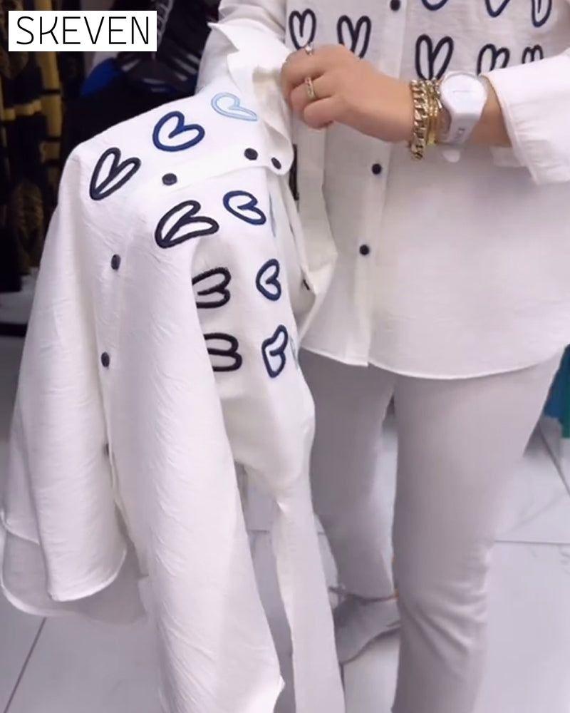 Heart print simple button shirt