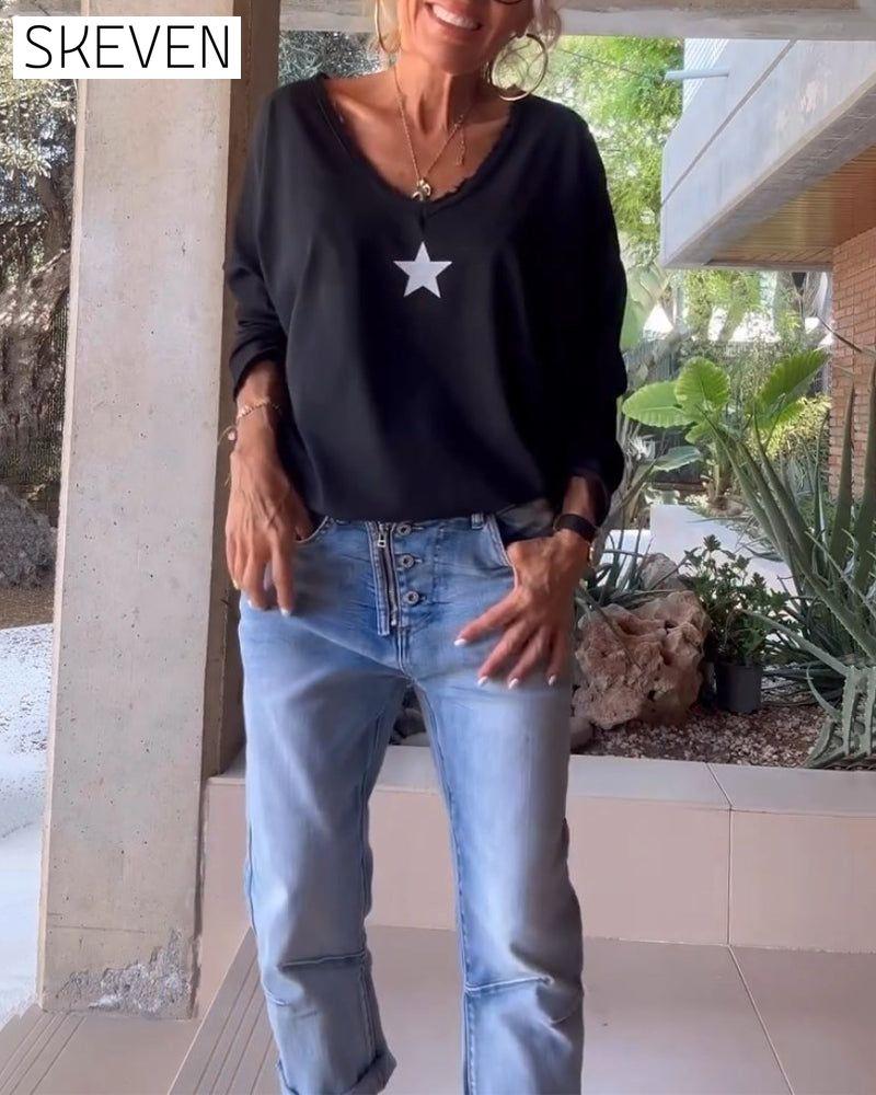 V-Neck Star Printed Top
