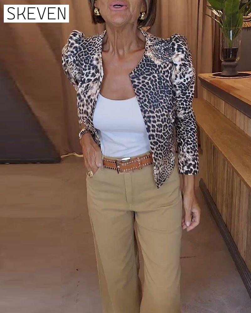 Leopard print puff sleeve casual jacket
