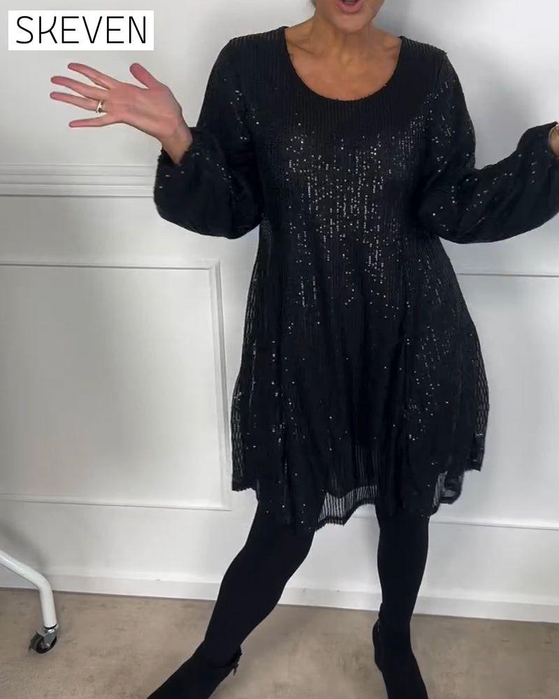 Elegantes, paillettenbesetztes A-Linien-Kleid mit Laternenärmeln
