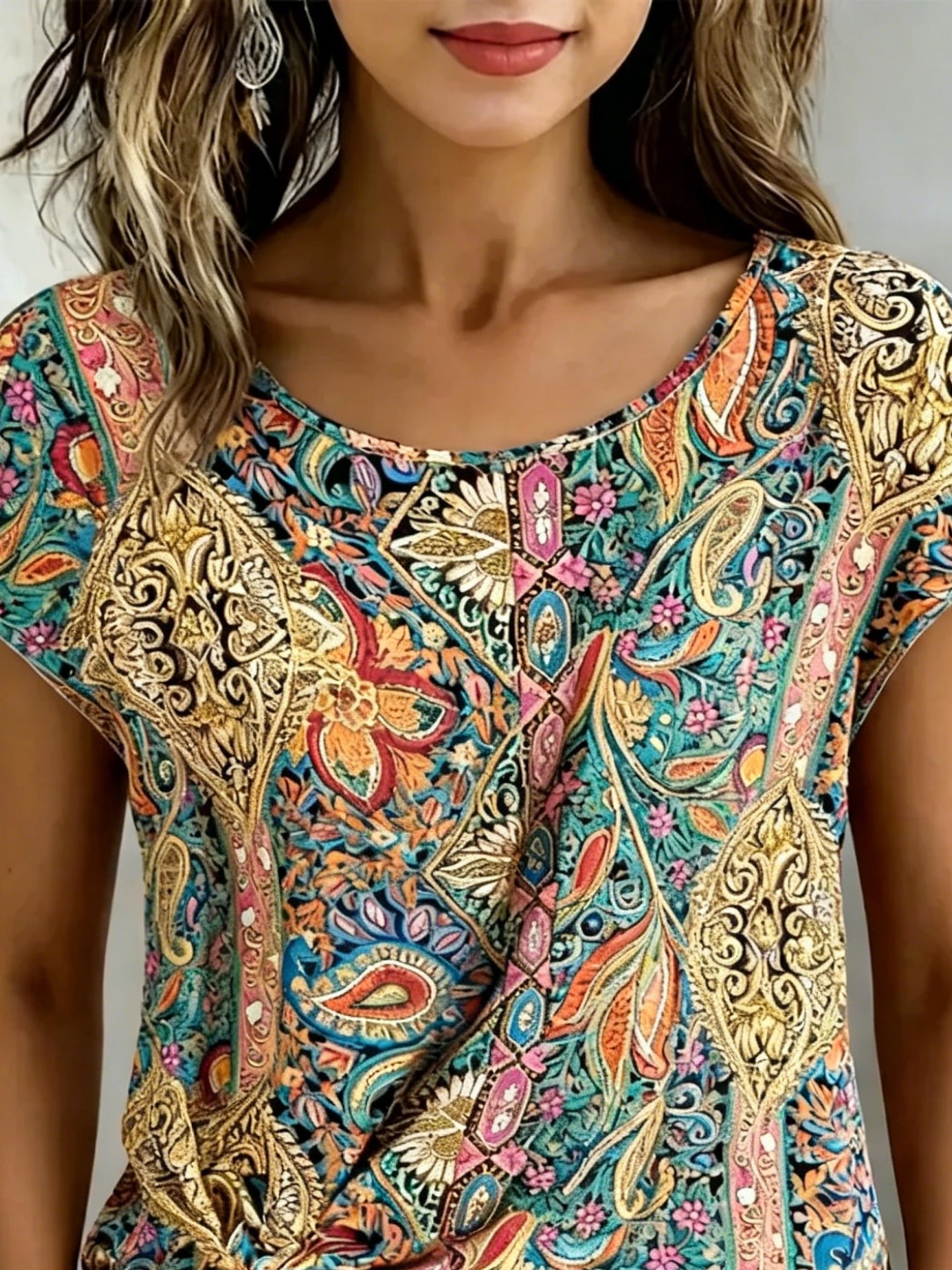 Print Short Sleeve Tie Front Blouse