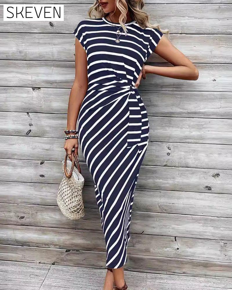 Fashion striped printed strappy raglan sleeve slim dress