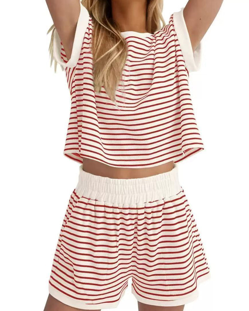 Striped Short-Sleeved Elastic Waist Sets