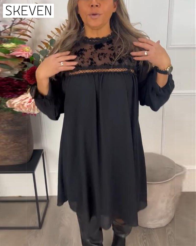 Lace Cutout Puff-Sleeve Elegant Dress