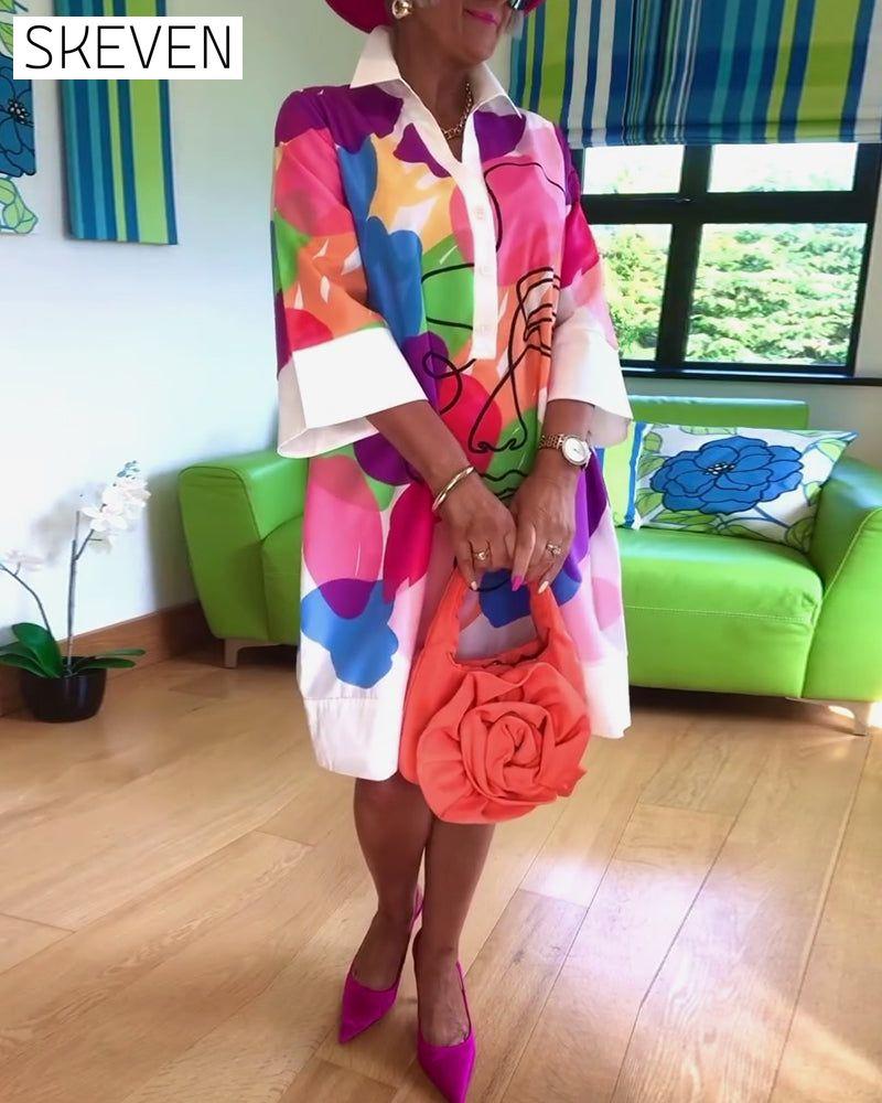 Lapel color portrait print dress
