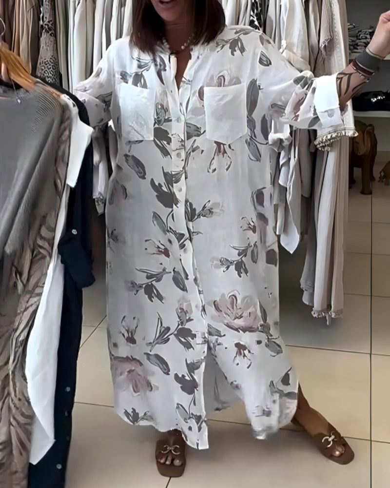 Stand Collar Long Sleeve Printed Shirt Dress