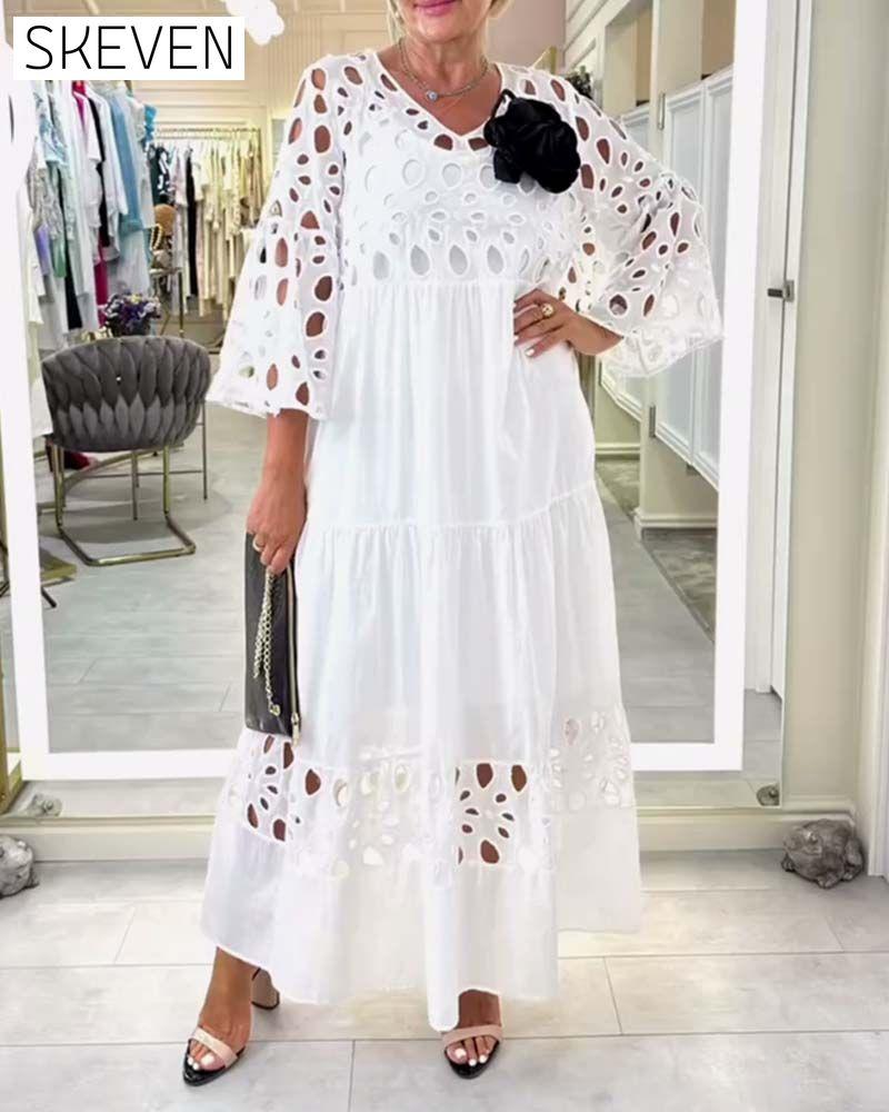 Elegant Solid Color Lace Hole Dress