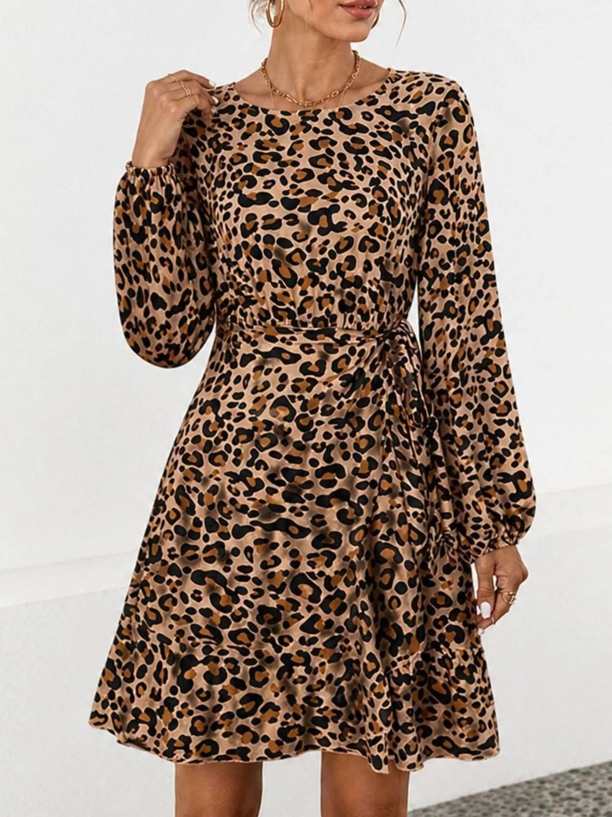 Animal Print Round Neck Mini Dress
