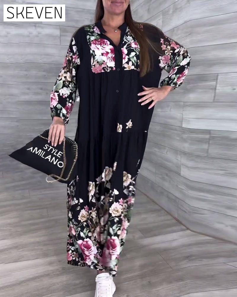 Floral Print Casual Lantern Sleeve Dress