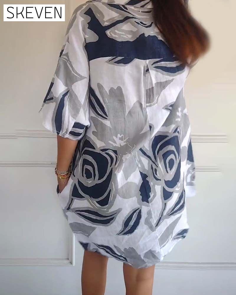 Floral print lapel pocket dress