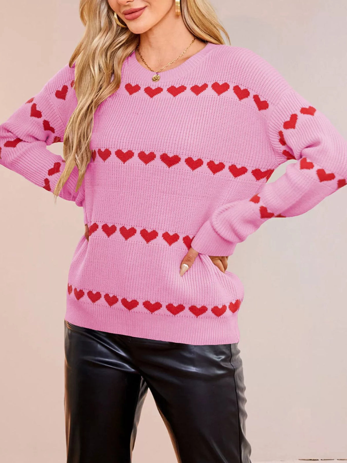 Heart Pattern Dropped Shoulder Sweater