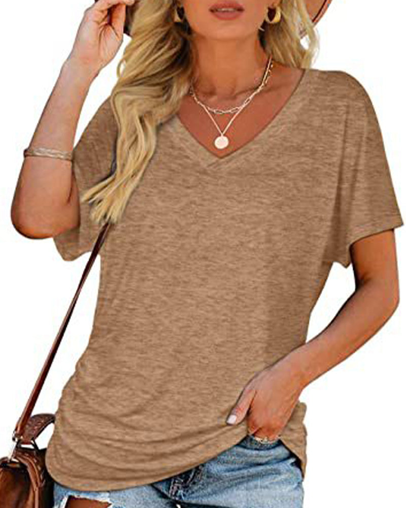 Pleated Solid Color V-Neck T-Shirt