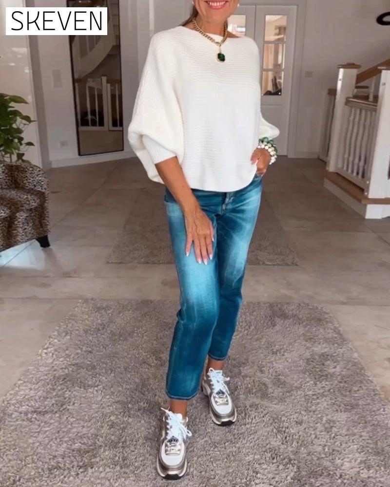 Lantern Sleeve Solid Color Sweater