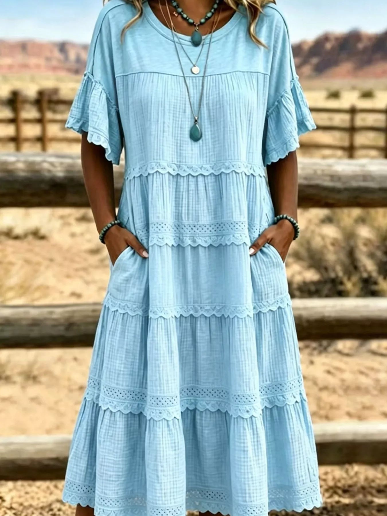Full Size Tiered Ruffle Sleeve Midi Dress with Pockets Plus Size