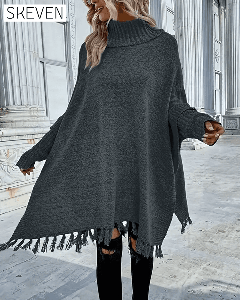 Rollkragenpullover mit Fledermausärmeln und Quasten