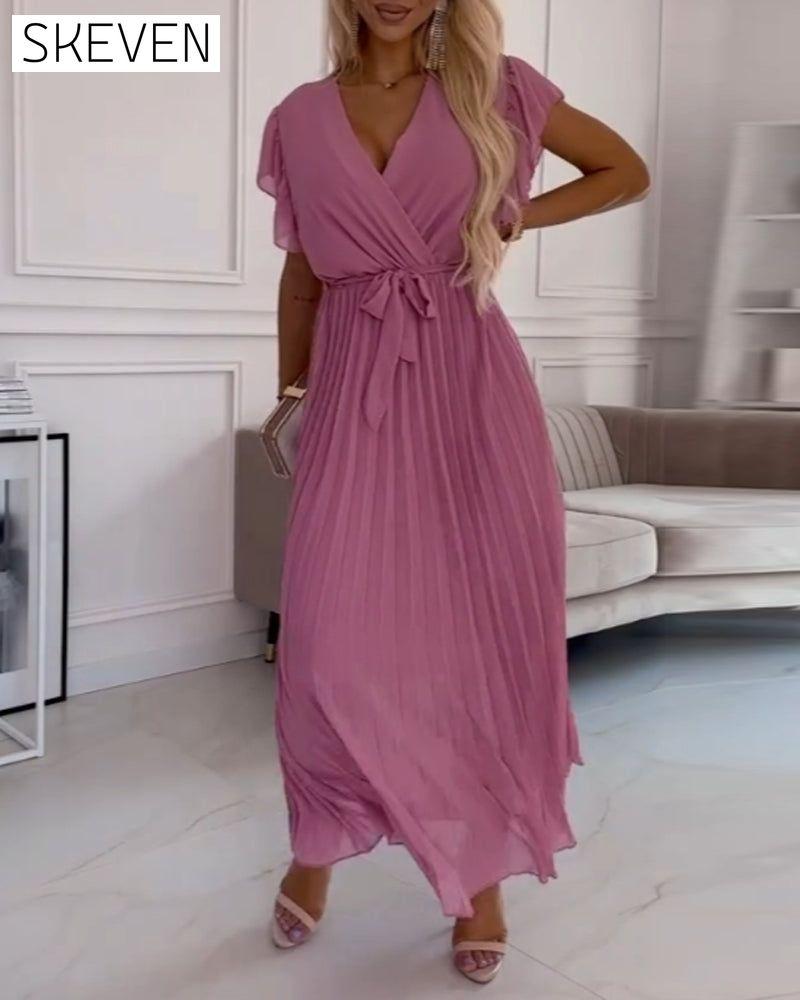 Solid color ruffled sleeves V-neck elegant dress casual dresses summer