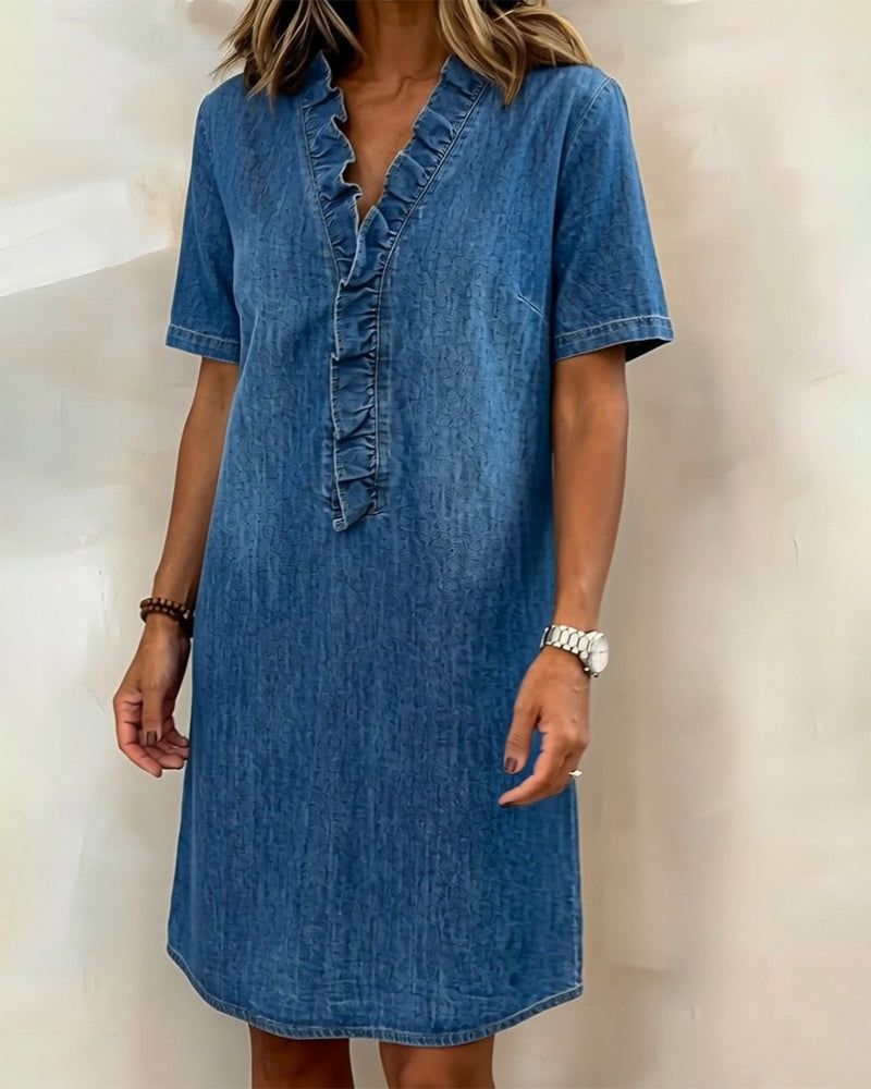 Denim Ruffle V-neck Dress