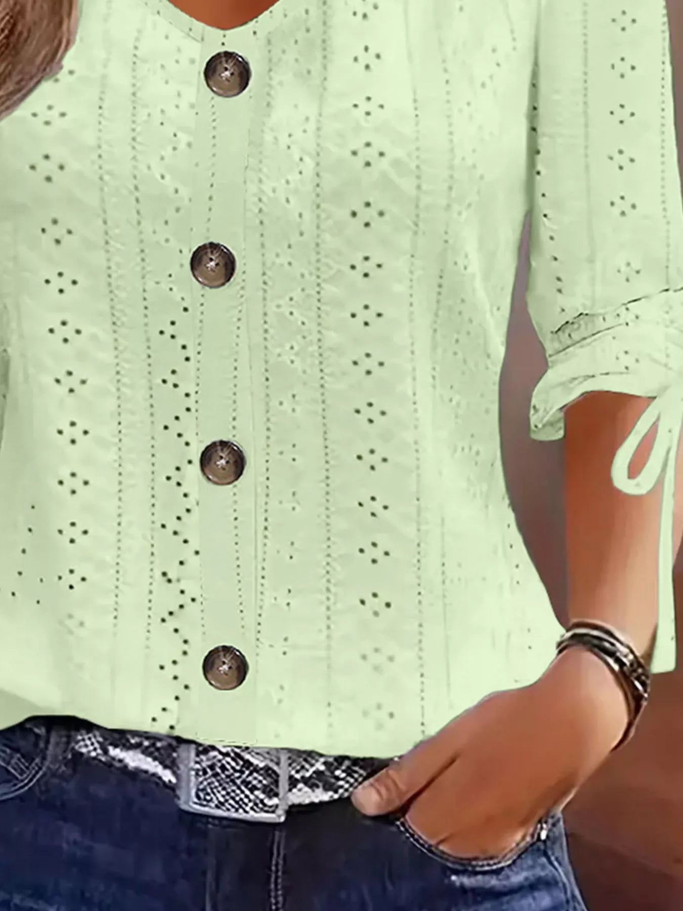 Eyelet Tie-Sleeve Detail Top