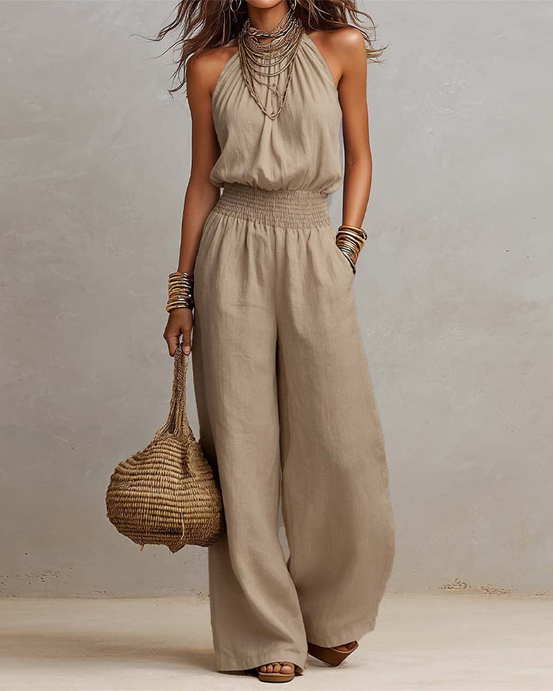Elegant Halter Shirred Jumpsuit