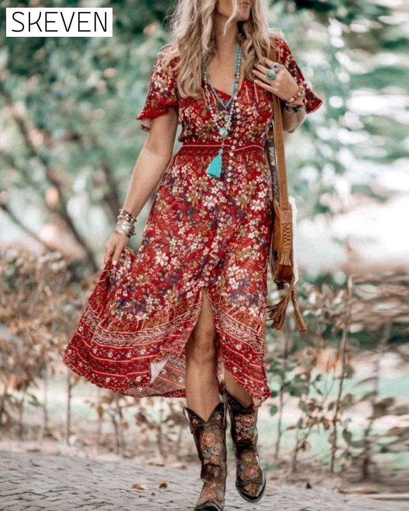 Boho printed short-sleeve slit dress 202466 boho dresses summer