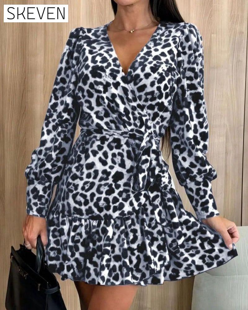 💖Black-Friday-Mega-Angebot💖Wickelkleid mit Leopardenmuster, V-Ausschnitt und Taillengürtel