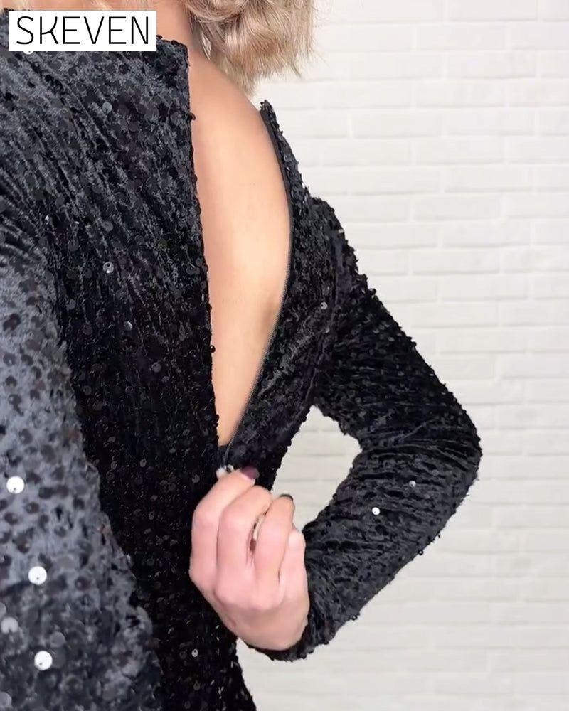V-neck Sequined Slit Party Dress