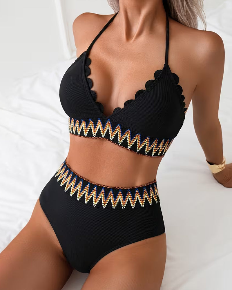 Simple Fashion Halter Neck Wave Print Bikini