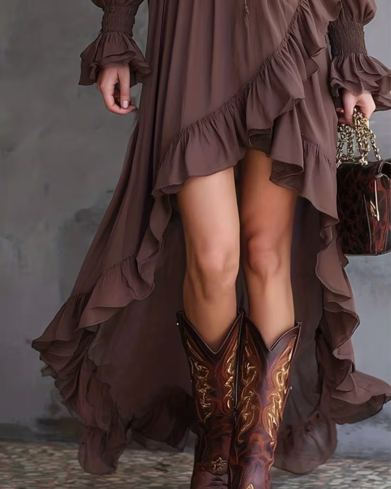 Lantern Sleeve Ruffled Asymmetrical Dress
