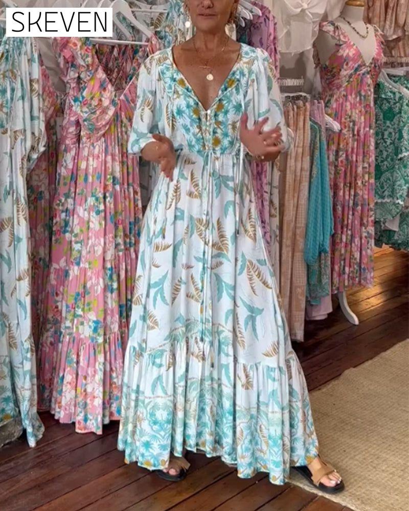Maxikleid mit V-Ausschnitt und Blätterprint für Damen