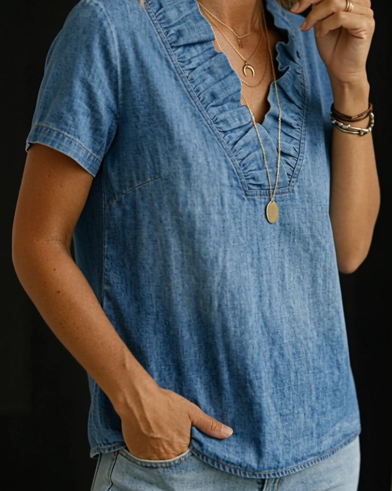Ruffled V-Neck Denim Blouse