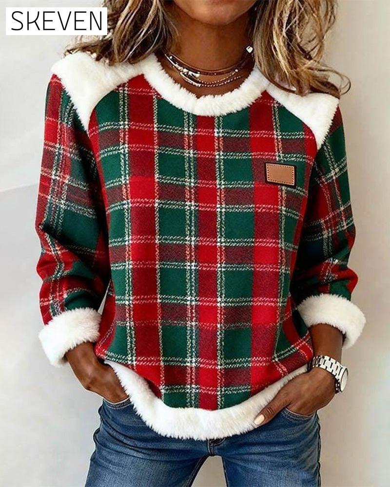 Plüschiges Patchwork-Sweatshirt mit Rundhalsausschnitt