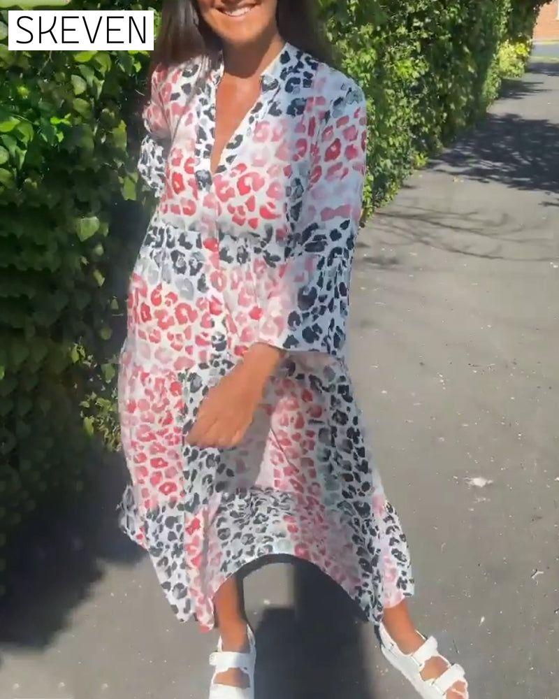 V-neck printed ruffle casual dress