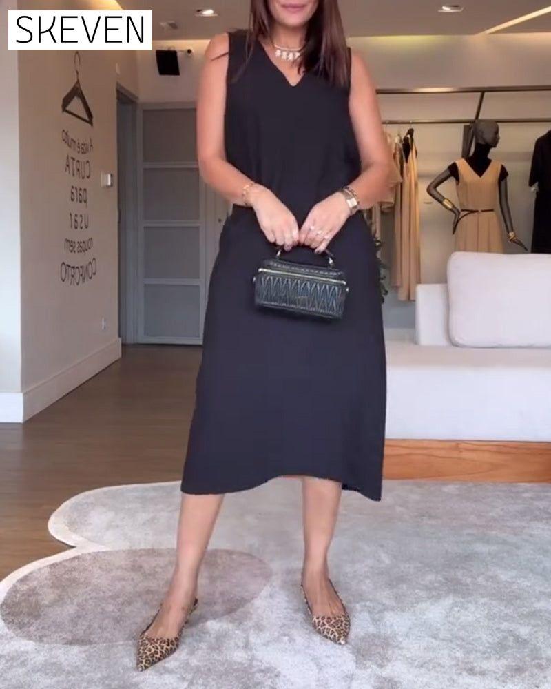 Robe décontractée sans manches à col en V et fente unie