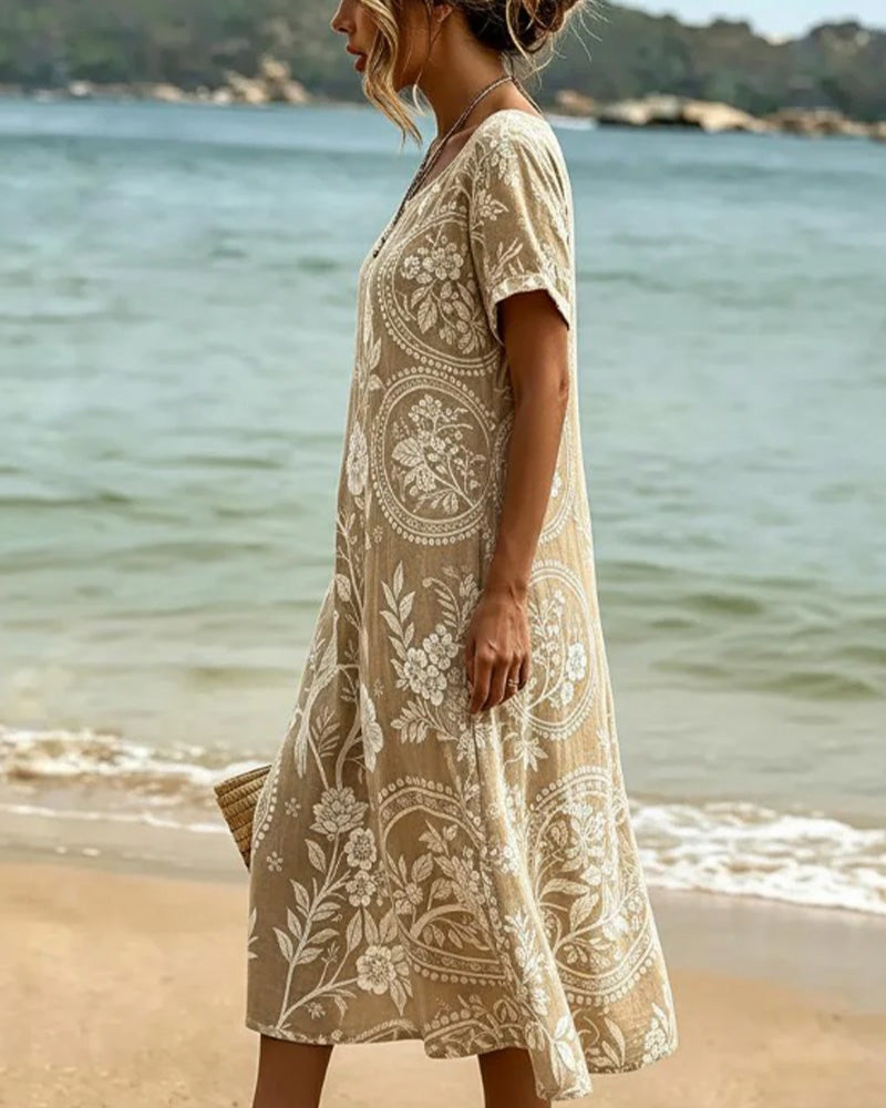 Crew Neck Floral Bird Print Dress